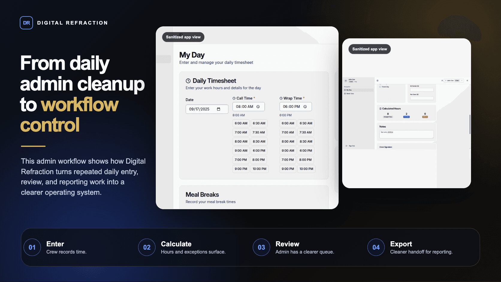 Sanitized showcase of a production administration workflow with daily time entry, review board, approval states, and reporting export.